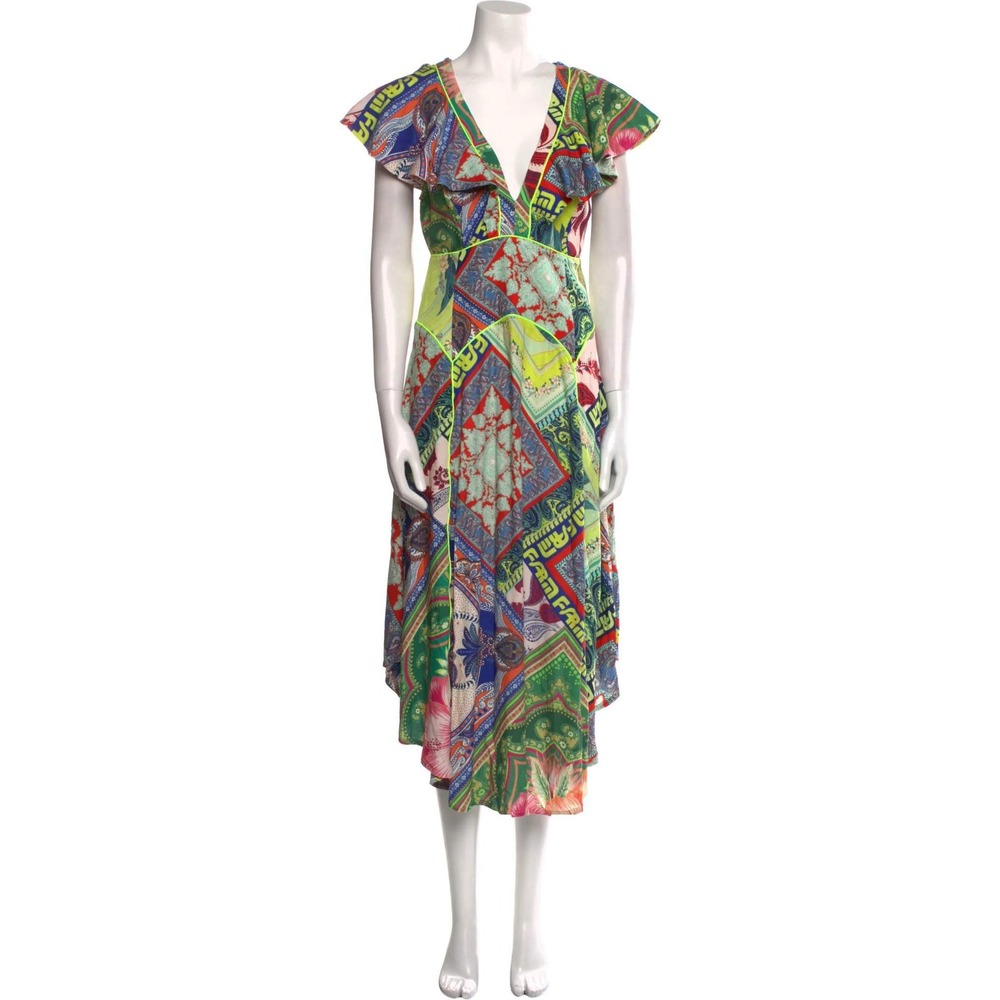 FARM Rio Patchwork Maxi Dress Multicolor Ruffle‎ Small/Petite Sleeve V Neck - Picture 2 of 9